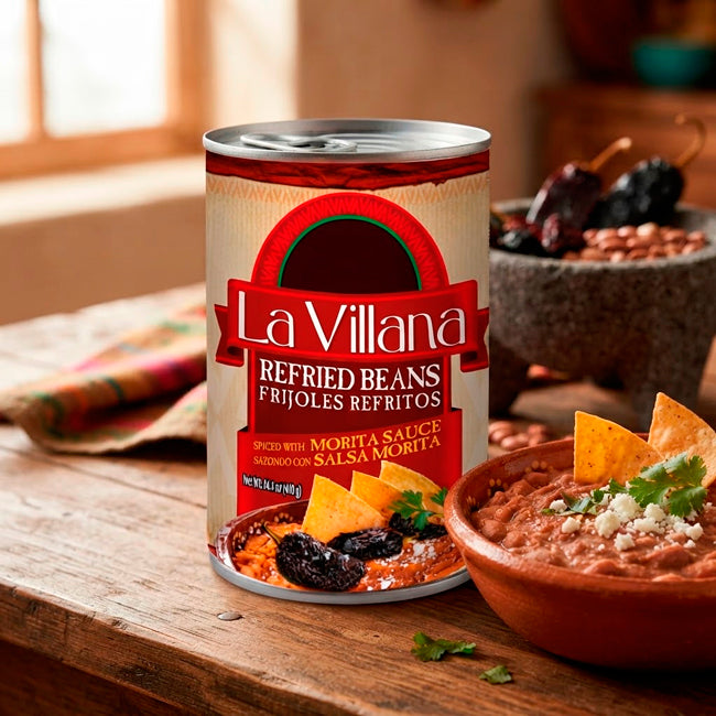 Frijoles Refritos “La Villana” con salsa Morita lata de 410 gr