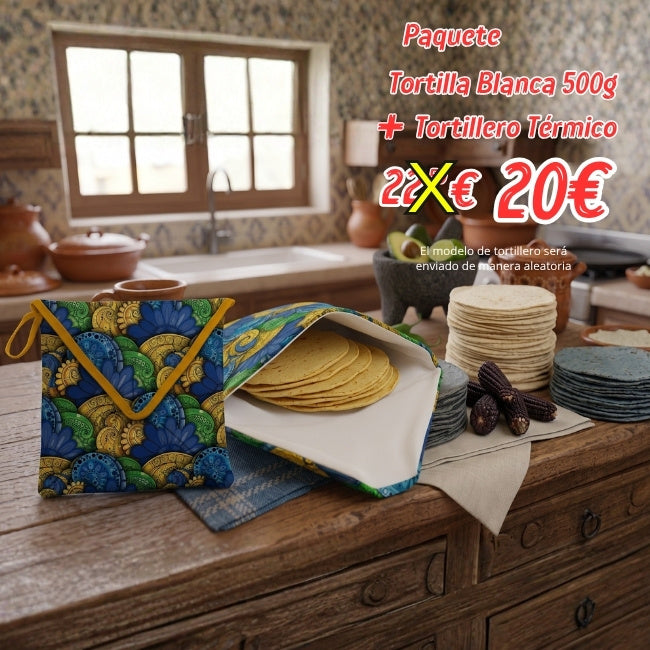 Paquete Tortillas BLANCAS 500g y Tortillero Térmico